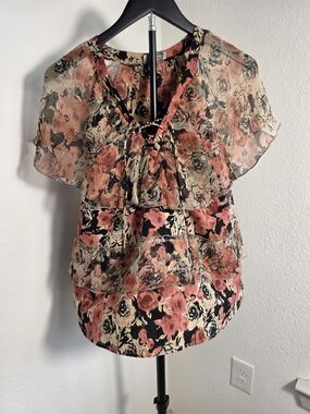 ​Lucky Brand Floral Metallic Ruffle Blouse Pink Black Rose Boho Tie Neck Medium